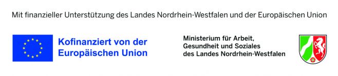 Auf dem Bild sieht man zwei Logos unter der Überschrift "Mit finanzieller Unterstützung des LAndes NRW und der EU". Das erste Logo zeigt das Logo der EU mit dem Text "kofinanziert von der Europäischen Union". Daneben ist das Logo des Ministeriums für Arbeit, Gesundheit und Soziales  des Landes NRW.
